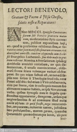 Lectori Benevolo, Gratiam & Pacem a Jesu Christo, salutis nostrae Reparatore