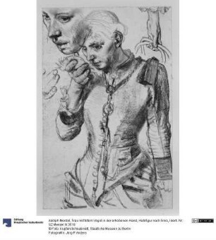 Frau mit totem Vogel in der erhobenen Hand, Halbfigur nach links