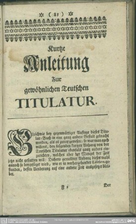 Kurtze Anleitung Zur gewöhnlichen Teutschen Titulatur