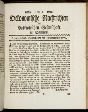 XLVI. Stück. Sonnabends den 13 November. 1779.