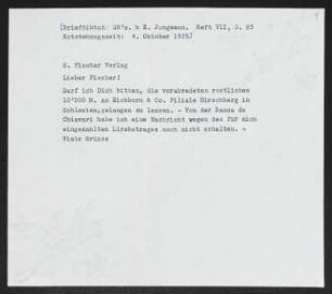 Brief von Gerhart Hauptmann an Samuel Fischer an S.-Fischer-Verlag 