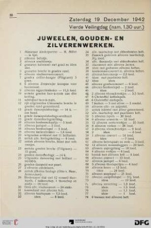 Zaterdag 19 December 1942: Vierde veilingdag (nam. 1.30 uur.); Juweelen, gouden- en zilverenwerken (Nr. 1-230)