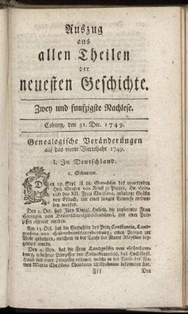 Zwey und funfzigste Nachlese. Coburg, den 31. Dec. 1749.