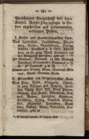 Berichtigtes Verzeichniß der beim Kaiserl. Reichs Oberpostamt in Erfurt abgehenden und ankommenden ordinären Posten