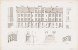 Elementarschulen zu St. Johann, Köln: Ansicht, Details (aus: Atlas zur Zeitschrift für Bauwesen, hrsg. v. G. Erbkam, Jg. 14, 1864)