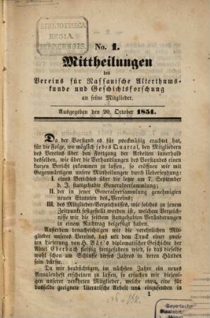 Mittheilungen an die Mitglieder des Vereins für Nassauische Alterthumskunde und Geschichtsforschung zu Wiesbaden. 1851/52 = Nr. 1 (20. October 1851) - 5 (30. Dezember 1852)