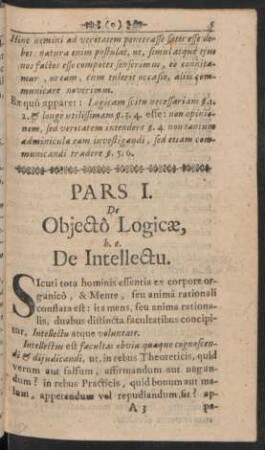 Pars I. De Objecto Logicae, h. e. De Intellectu