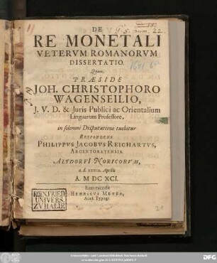 De Re Monetali Veterum Romanorum Dissertatio