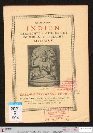 Nr. 626: Katalog: Indien : Geschichte, Geographie, Volkskunde, Sprache, Literatur