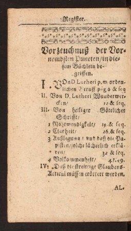 Vorzeichnuß der Vornembsten Puncten/ in diesem Büchlein begriffen.