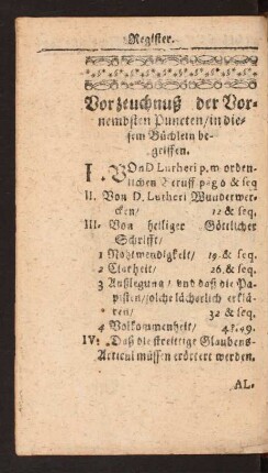 Vorzeichnuß der Vornembsten Puncten/ in diesem Büchlein begriffen.