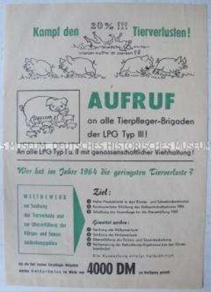 Propagandaflugblatt mit dem Aufruf einer LPG zur Vermeidung von Tierverlusten