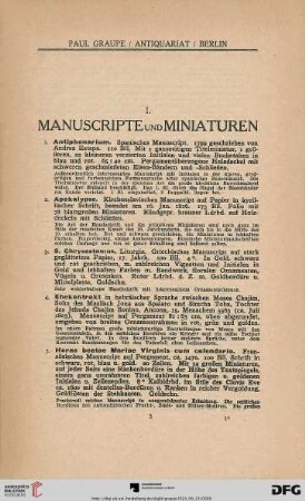 I. Manuscripte und Miniaturen (Nr. 1-20)