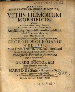 Dissertatio Inauguralis Medica, De Vitiis Humorum Morbificis