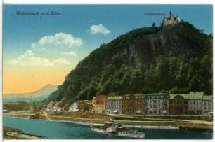 Bodenbach a. Elbe. Bergschloß Schäferwand (1905) über die Elbe mit Raddampfer