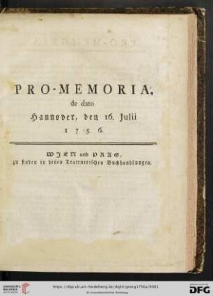 Pro-Memoria, de dato Hannover, den 16. Julii 1756.