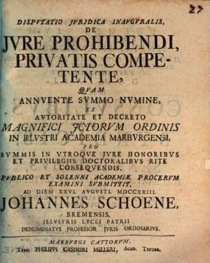 Dispvtatio Jvridica Inavgvralis, De Jvre Prohibendi, Privatis Competente