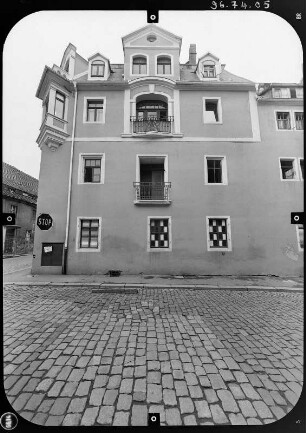 Pirna-Altstadt, Lange Straße 10. Wohnhaus mit Laden (Bezeichnung 1730, Kern älter). Straßenfront (von der Badergasse)