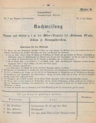 Muster B. Nachweisung der Räume und Gesätze u.s.w. der Bier-Brauerei des Johann Walsleben zu Neuenkirchen