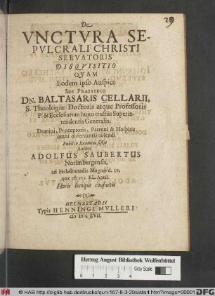 De Unctura Sepulcrali Christi Servatoris Disquisitio