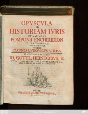 Opvscvla Ad Historiam Ivris Et Maxime Ad Pomponii Enchiridion Illvstrandvm Pertinentia Collegit