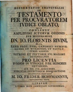 Diss. inaug. de testamento per procuratorem iudici oblato