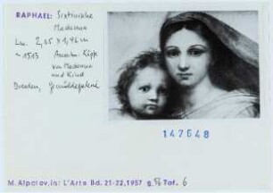 Raffael: Sixtinische Madonna, Detail Kopf der Madonna und des Jesuskindes (Diakartei)