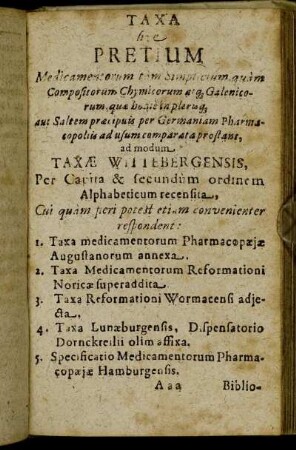 Taxa sive Pretium Medicamentorum tam Simplicium.