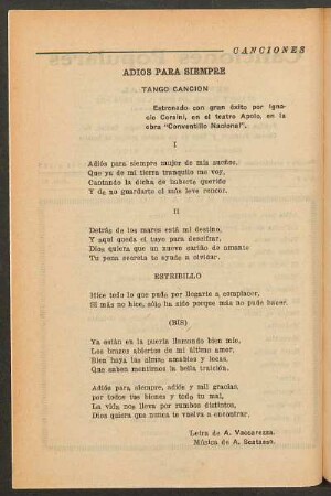 Adios para siempre : Tango canción