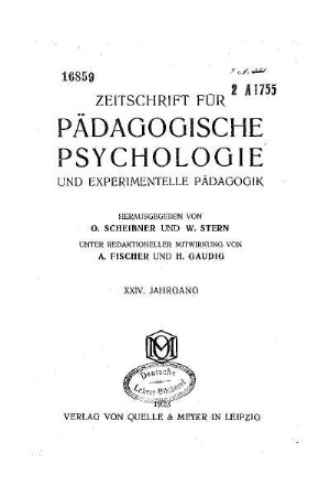 24: Zeitschrift für pädagogische Psychologie und Jugendkunde - 24.1923