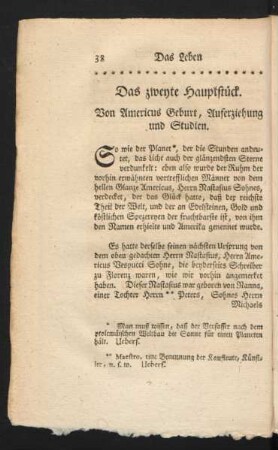 Das zweyte Hauptstück. Von Americus Geburt, Auferziehung und Studien.