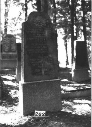 Grabstein 262 (Index: 99898600) Material: Granit? Zustand: gut erhalten Maße HxBxT: 107x45x20 cm Beschreibung: aufgesockelte Stele mit oben abgeflachtem Dreiecksabschluss: Grabstein 262