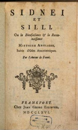 Sidnei et Silli : Histoire anglaise ; Suivie d'Odes Anacréontiques