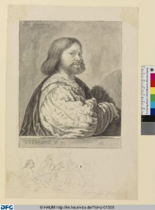 Der sogen. Ariost nach Tizian / Graphitskizze nach dem Gemälde "Die Heilige Familie mit Johannes dem Täufer und einem Stifter" von Tizian
