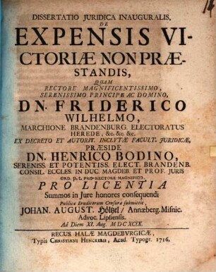 Disp. iur. inaug. de expensis victoriae non praestandis