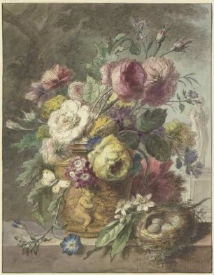 Stillleben mit Blumenstrauß und Vogelnest vor einer Parklandschaft
