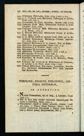 138-144, Theologi, Juridici, Philosophi, Historia Naturalis, In Duodecimo. - Philologi, Miscellanei, In Duodecimo.