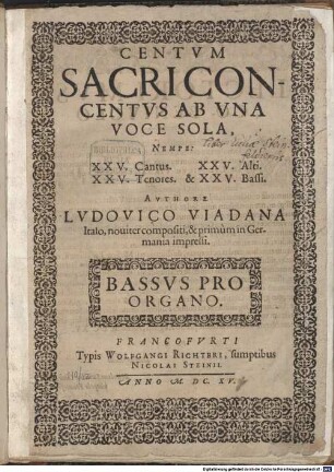 CENTVM SACRI CONCENTVS AB VNA VOCE SOLA, NEMPE: XXV. Cantus. XXV. Alti. XXV. Tenores. & XXV. Bassi