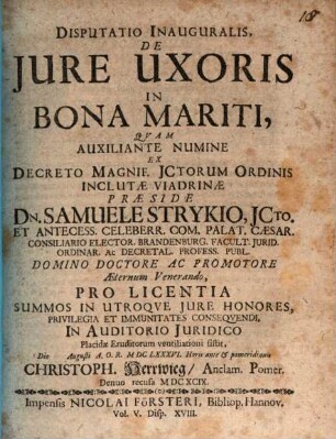 Disputatio Inauguralis, De Jure Uxoris In Bona Mariti