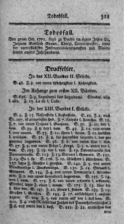 Druckfehler. In des XII. Bandes II. Stücke. - In den XV. Bandes II. Stücke.