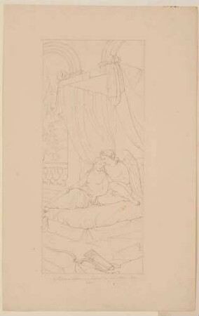 Entwürfe für die Fresken zum Thema "Amor und Psyche" für den Pavillon am Gut Rüdigsdorf bei Kohren-Sahlis im Auftrag von Wilhelm Crusius: Blatt 3 von 9: Psyche schlafend, Amor unsichtbar bei ihr (nicht ausgeführt)