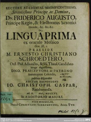 De Lingua Prima ex oraculo Mosaico Gen. XI., 1.