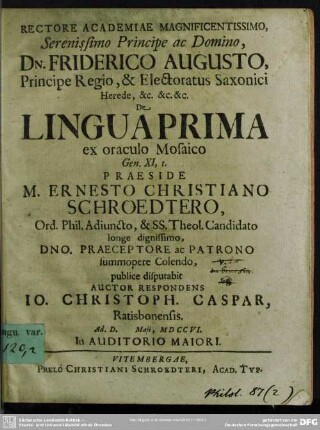 De Lingua Prima ex oraculo Mosaico Gen. XI., 1.