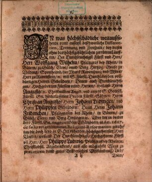 Kurtzer Summarischer Bericht vber die zwischen ... Wolfgang Wilhelm Pfaltzgrafen bey Rhein, und ... Johann Friederichen Pfaltzgrafen bey Rhein ... noch unerörtert schwebender Streitigkeiten