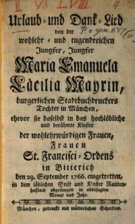 Urlaub-Lied von der M. E. C. Mayrin ... ehevor sie in das ... Kloster ... eingetretten