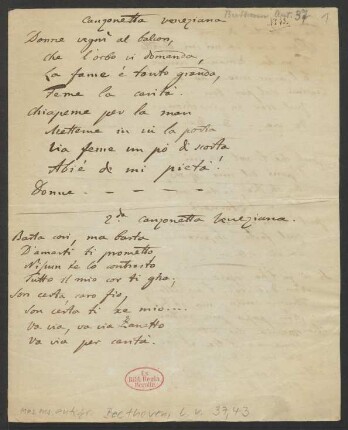 Handschriftlicher Text "Canzonetta veneziana"