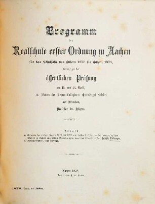 Programm der Realschule Erster Ordnung zu Aachen : für das Schuljahr .... 1877/78