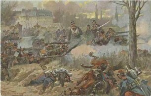 Das 1. kgl. württ. Infanterie-Regiment Königin Olga vor Schloss Coeuilly, bei Champagny, am 30. November 1870: Bildmittig Offizier mit Armbinde, links und rechts schiessende württ. Truppen