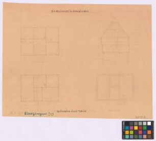 Lienzingen ([Landkreis Vaihingen]): Bauernhof. Wohnhaus (Querschnitt, Grundriss des Kellers, Grundriss des Erdgeschosses, Grundriss des Obergeschosses)