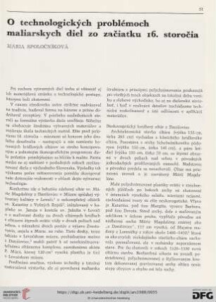 O technologických problémoch maliarskych diel zo začiatku 16. storočia